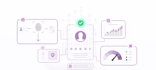 Digital identity diagram for a blog post showcasing fingerprint, profile, location, security, graph, and speed gauge icons interconnected by lines, highlighting seamless integrated data management.